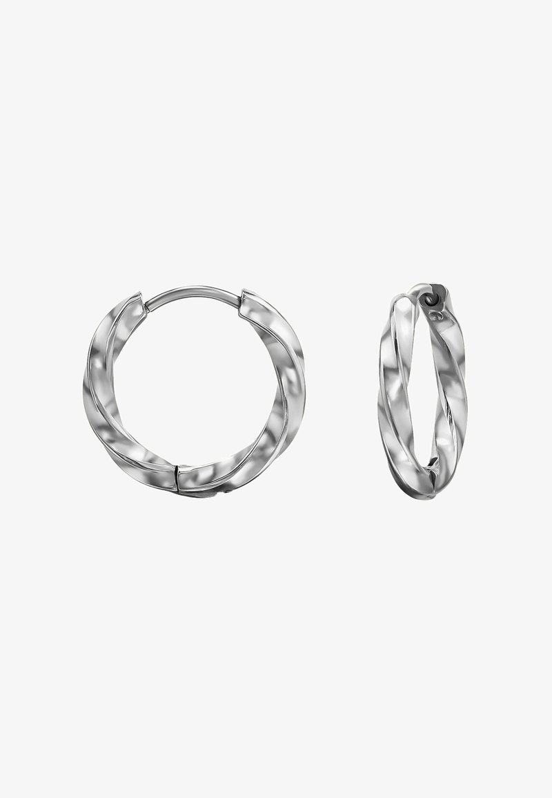 Pair of silver twisted hoop earrings, one shown front-facing and the other side-facing, on a white background.