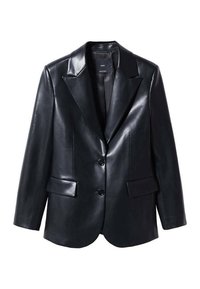 Blazer en simili cuir noir avec revers crantés, deux boutons, poches à rabat, et manches longues, présenté sur un fond blanc.