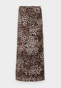 Jupe midi imprimée léopard en tissu doux, dans des tons naturels de beige et de marron, avec une coupe droite et sans détails ni embellissements visibles.