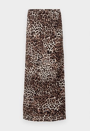 Leopard print midi skirt featuring a smooth fabric, natural tones of beige and brown, with a straight cut and no visible details or embellishments.