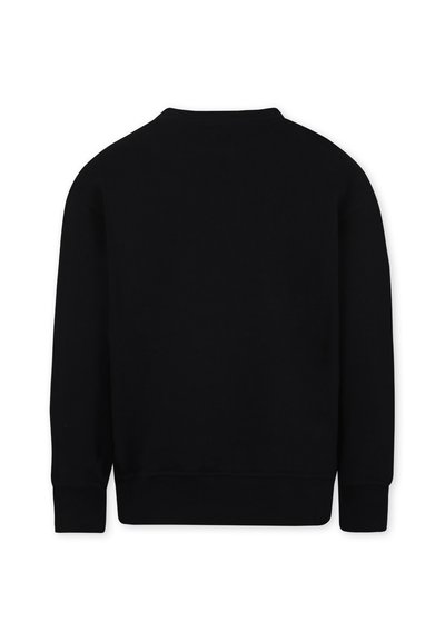 Felpa nera con scollo rotondo, polsini e orlo a costine, caratterizzata da una texture liscia e un design posteriore semplice e senza decorazioni.