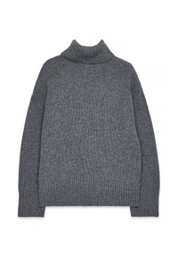 Gray turtleneck sweater made of soft knit fabric. Features a high collar, long sleeves, and ribbed hem and cuff details.