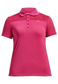 Piké i stark rosa med en slät huvuddel och ribbad struktur på axlarna, med knäppning och korta ärmar.