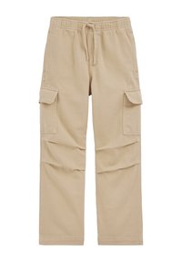 Bežīgas kokvilnas kravas bikses ar elastīgu jostu, aukliņu un divām sānu kabatām ar atlokiem. Tieša kāju forma.