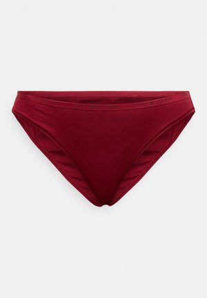 Burgundijas bikinī apakšbikses ar gludu tekstūru, ar logotipa joslu un klasisku griezumu. Izstrādātas komfortam un pieguļoša silueta iegūšanai.