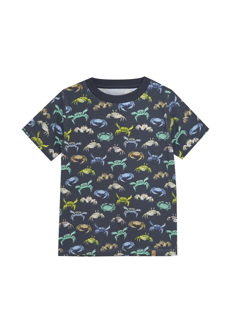 Korte ærmer navy t-shirt med et print af farverige krabber i forskellige størrelser. Blødt bomuldsstof med rund halsudskæring.