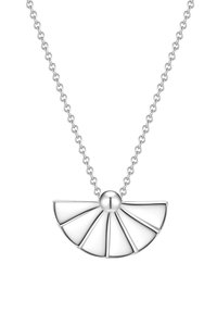 Sølv halskæde med et vedhæng formet som en halvcirkel med fem strålende linjer og en central sfærisk accent. Kæden er forbundet.