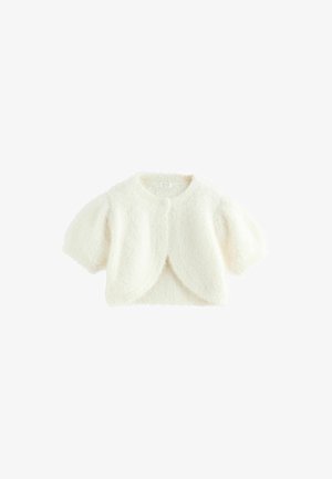 Weißer, flauschiger Cardigan mit kurzen Puffärmeln, rundem Ausschnitt und einer Knopfleiste vorne, der eine weiche Textur aufweist.