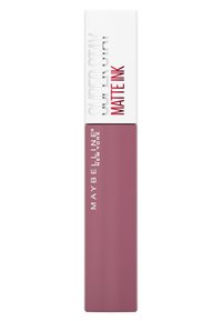 Rouge à lèvres liquide mat Maybelline Super Stay Matte Ink dans un tube mauve mat avec un capuchon blanc, présentant un texte en relief blanc et rouge.