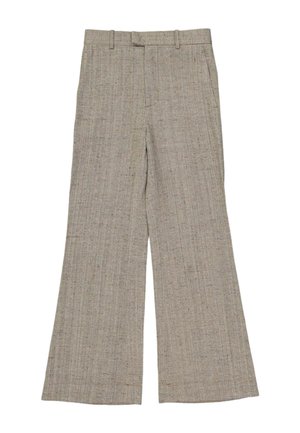 Pantalon beige à jambes larges avec passants de ceinture et poches avant en tissu texturé.