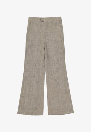 Pantalon beige à jambes larges avec passants de ceinture et poches avant en tissu texturé.