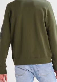 Felpa verde oliva con maniche lunghe, polsini e orlo a coste, e un dettaglio a toppa sulla manica sinistra. Tessuto misto cotone.