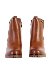 Botas de tobillo de cuero marrón con una textura suave, puntera redondeada, cremalleras laterales y una suela de goma con un sencillo patrón de dibujo.