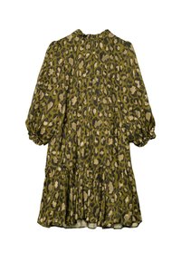 Sukienka w panterkę w oliwkowo-złotym kolorze, z długimi bufkami, marszczeniem w okolicy szyi i warstwowym falbaniastym dołem. Miękka faktura materiału.