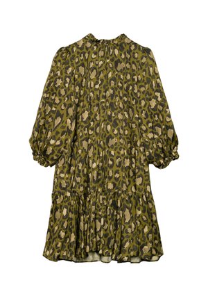 Olifijngroen en beige jurkje met luipaardprint, voorzien van lange pofmouwen, een gegatherde schouderlijn en een gelaagd, gerimpeld zoom. Zachte stoftextuur.