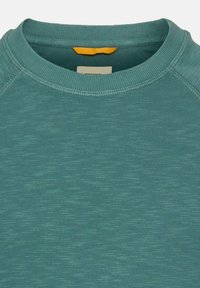 Teal cotton sweatshirt with a ribbed crew neckline, featuring a textured fabric and an orange accent tag at the back neck area.