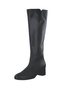 Knee-high black synthetic leather boots with a rounded toe, low block heel, and smooth texture, featuring a subtle seam detail at the back.