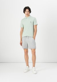 Light green polo shirt with a collar and short sleeves, paired with striped gray and white shorts. Model wearing white sneakers.