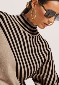 Gestreifter Pullover in Beige und Schwarz mit hohem Kragen. Der strukturierte Strickstoff weist kräftige horizontale Streifen auf, ergänzt durch große goldene Creolen.