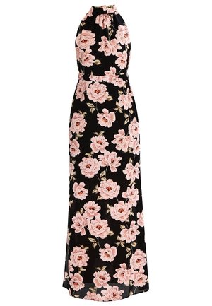 Czarna, bezrękawna sukienka maxi na szyję typu halter z różowym kwiatowym wzorem i dopasowaną talią.