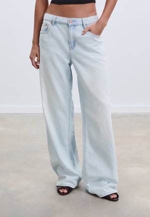 Light blue wide-leg jeans made from denim, featuring a high waist, five pockets, and subtle fading. Lightweight with a soft texture.