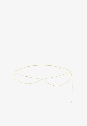 Goldfarbener Kettengürtel mit mehreren Strängen, der kleine, gleichmäßig verteilte Perlen und einen hängenden Akzent auf einer Seite aufweist.