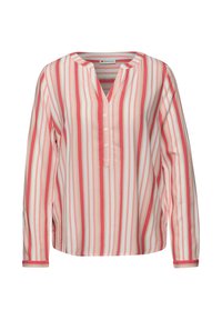 Blouse à manches longues avec des rayures verticales roses, corail et blanches, encolure ronde et patte de boutonnage partielle à l'avant.