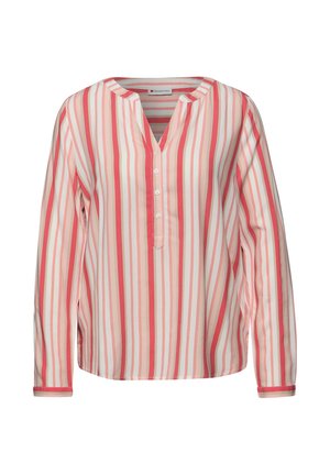 Blusa de manga larga con rayas verticales en rosa, coral y blanco, escote redondo y tapeta frontal parcial abotonada.