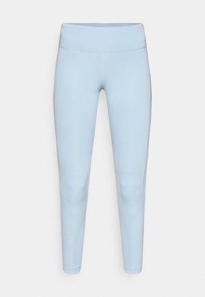 Light blue leggings made from stretchy fabric, featuring a smooth waistband and a form-fitting design without visible seams.