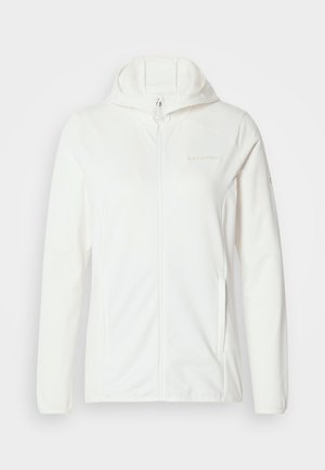 Hvid hættetrøje med lynlås og hætte, med en glat tekstur, to sidelommer og diskret mærkning på brystet.