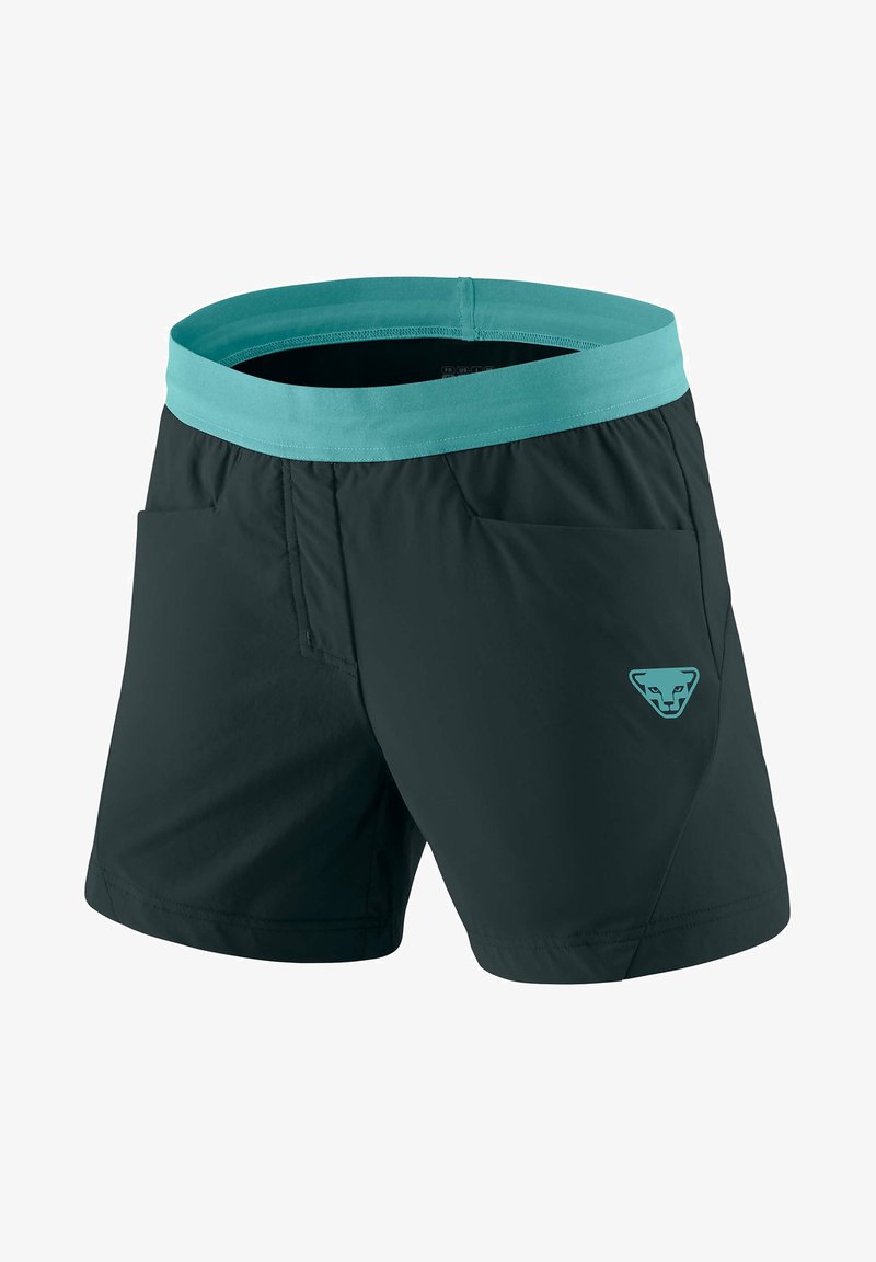 Muške atletske kratke hlače u tamnoplavoj boji s teal elastičnim pojasom i logotipom. Karakteriziraju ih dva prednja džepa i lagana, glatka tekstura.