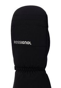 Czarna ocieplana rękawica z gumką na nadgarstku i srebrnym logo "Rossignol" z tyłu, zaprojektowana do zimnej pogody lub jazdy na nartach.