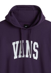 Purple hoodie featuring a white "VANS" logo, drawstring hood, and soft fabric texture. Classic design with no additional patterns or accents.