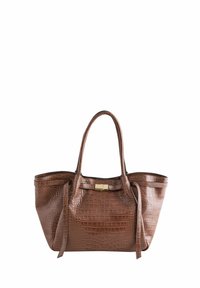 Braune Tasche mit Krokodilprägung, zwei Griffen, einem goldenen metallischen Verschluss und einem strukturierten Design. Glatte Textur mit abgerundeten Kanten.
