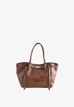 Brown croc-embossed tote bag with two handles, a gold metallic clasp, and a structured design. Smooth texture with rounded edges.