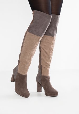 Bottes en suédine hautes jusqu'au genou avec un design coloré en dégradés de gris et de taupe, dotées d'une fermeture éclair sur le côté et d'un large talon.