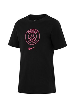 Zwarte katoenen T-shirt met een ronde halslijn, voorzien van een roze Paris Saint-Germain-logo en Nike-swoosh op de voorkant. Korte mouwen.