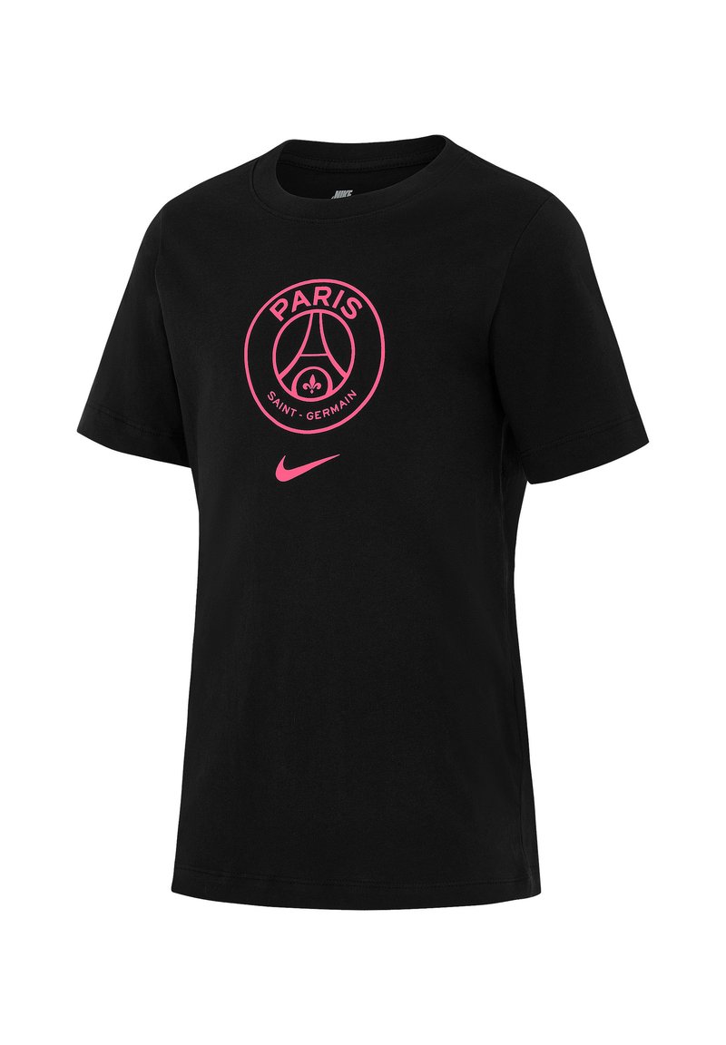 Zwarte katoenen T-shirt met een ronde halslijn, voorzien van een roze Paris Saint-Germain-logo en Nike-swoosh op de voorkant. Korte mouwen.