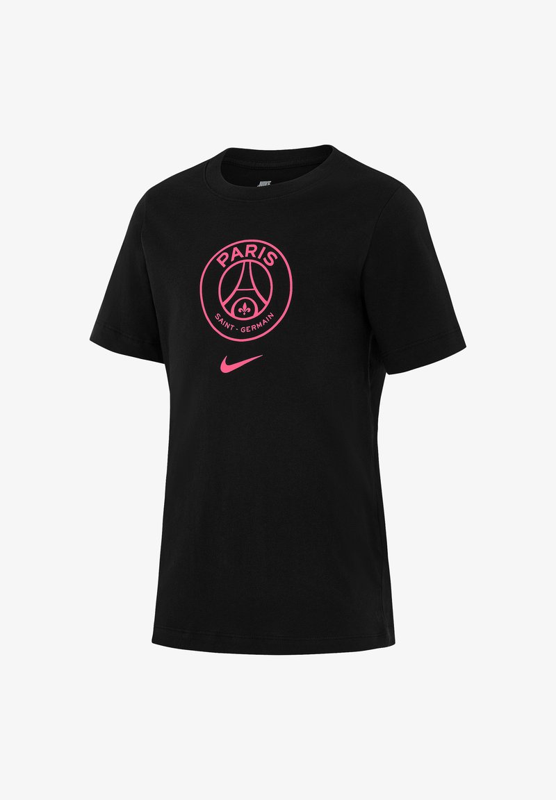 Zwarte katoenen T-shirt met een ronde halslijn, voorzien van een roze Paris Saint-Germain-logo en Nike-swoosh op de voorkant. Korte mouwen.
