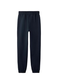 Pantalones de chándal azul marino con cintura y puños elásticos. Hechos de un tejido suave con una textura lisa, diseñados para un ajuste y uso cómodos.