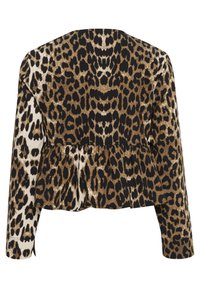 Veste imprimée animalier avec un motif léopard doré et noir, manches longues et ourlet peplum. Fabriquée en tissu doux et texturé.