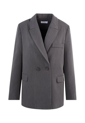 Grå dobbeltrad blazer med notched lapels, to frontlommer og to svarte knapper. Laget av teksturert stoff med slim fit.