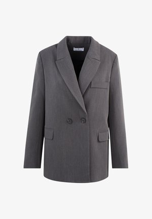 Grå dobbeltrad blazer med notched lapels, to frontlommer og to svarte knapper. Laget av teksturert stoff med slim fit.