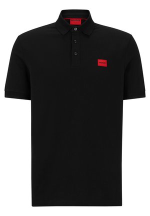 Black polo shirt with short sleeves, ribbed collar, three-button placket, and red logo patch on the left chest. Soft, smooth fabric.