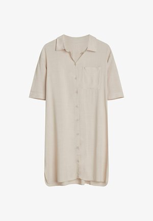 Jasno beżowa koszula na guziki z kołnierzykiem, krótkimi rękawami i jedną kieszonką z przodu; wykonana z miękkiego, lekkiego materiału o gładkiej fakturze.
