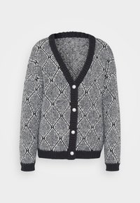 Cardigan lavorato a maglia con scollo a V in grigio e nero con motivo a diamante, caratterizzato da bottoni di perla e polsini e orlo a coste. Tessuto morbido, vestibilità comoda.