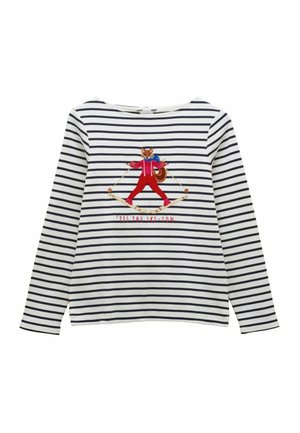 Langärmeliges gestreiftes Hemd in Weiß und Marineblau mit einem bestickten Fuchs in Skibekleidung. Unter dem Motiv steht der Text „'tis the ski-son“.