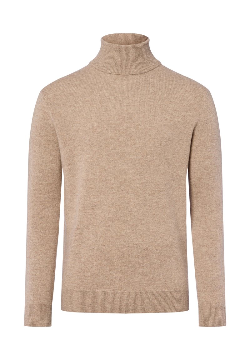 Pull à col roulé beige en tissu doux, doté d'un col et de poignets côtelés, avec une finition lisse et texturée et une coupe décontractée.