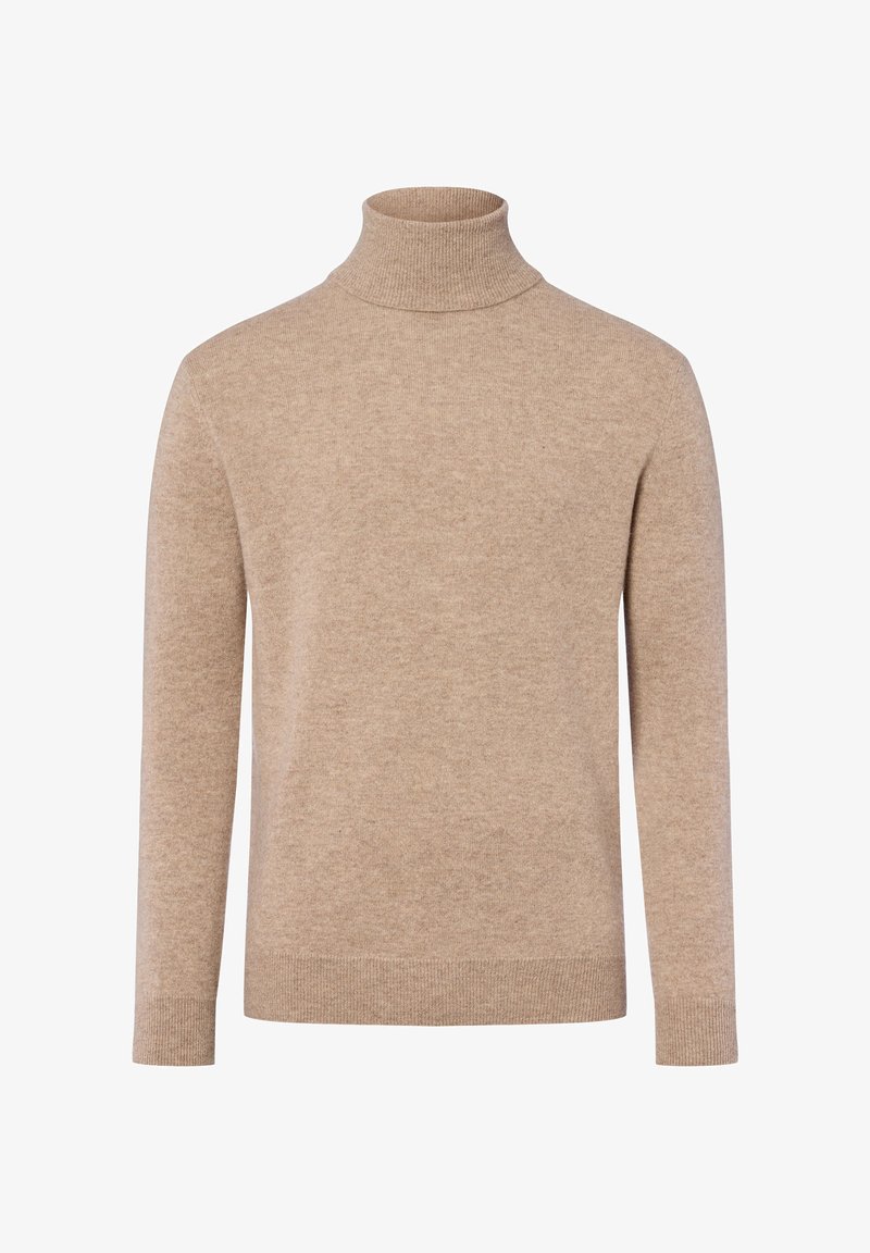 Pull à col roulé beige en tissu doux, doté d'un col et de poignets côtelés, avec une finition lisse et texturée et une coupe décontractée.