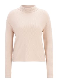 Ljusrosa ribbad tröja med hög hals, med diagonala texturmönster och långa ärmar. Mjuk tyger med en figurnära design.